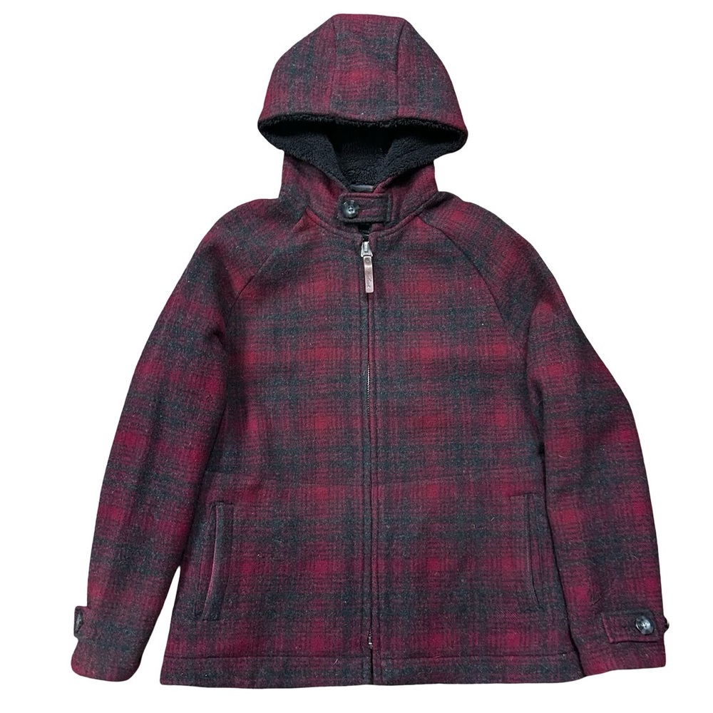 Woolrich Wool Blend Red Plaid Hooded Jacket Medium Brushed Tartan Zip-Up Coat